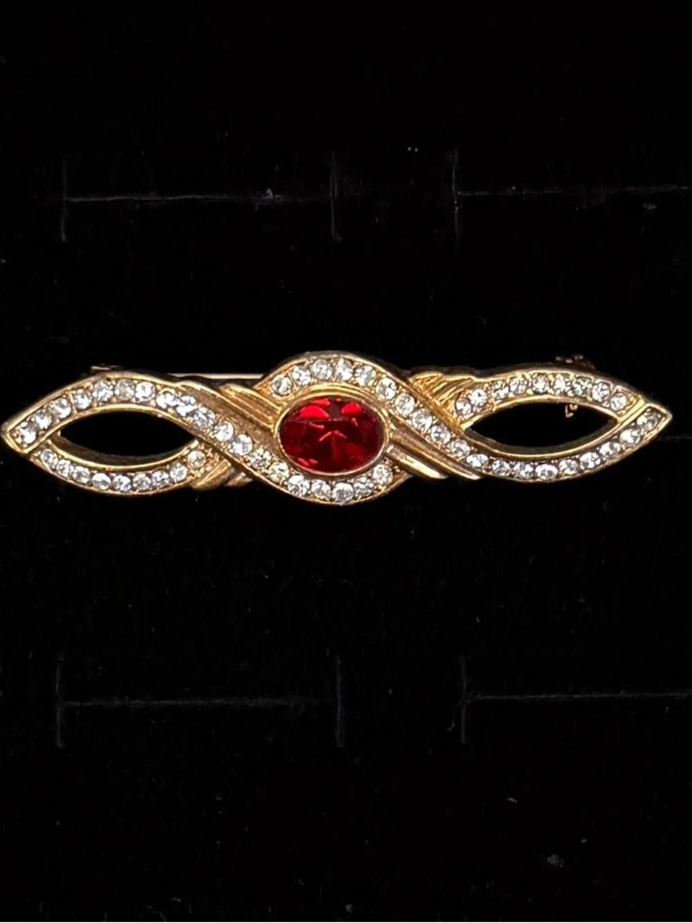 Vintage Goldtone Brooch with Bling and Red Accent  Center